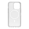 A clear, transparent phone case with a MagSafe ring and a rectangular cutout for the camera module. Voir les images du produit