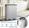 A stainless steel trash can with two compartments is shown in a kitchen setting, with text overlays highlighting its features. Podgląd zdjęcia produktu