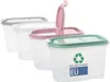 Four transparent storage containers with colored lids are lined up. Produktbild-Vorschau