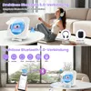 A woman is listening to music with headphones connected to a Bluetooth CD player. The second image shows various devices that can connect to the CD player via Bluetooth. Produktbild-Vorschau