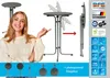 A woman is shown next to a folding high table, with diagrams illustrating its features and certifications. Produktbild-Vorschau