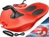 A collage of images showing a red KESSER Bob Schneebob Alpina sled with black handle and accents, along with accessories and a depiction of it in use on snow. Produktbild-Vorschau