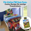 A child's bed with bedding featuring a fire truck and characters from the "Fireman Sam" cartoon. Produktbild-Vorschau