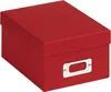 A red storage box with a label holder on the front. Podgląd zdjęcia produktu