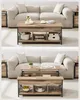 A coffee table in a living room setting, shown in two configurations: one with the top closed and one with the top open. Náhled obrázku produktu