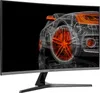 A wireframe rendering of a sports car with orange accents is displayed on a curved computer monitor against a black background. Produktbild-Vorschau