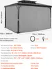 A gray gazebo curtain enclosure is shown with dimensions and product details. Produktbild-Vorschau