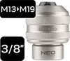 A product shot of a metal tool adapter with text overlays indicating its specifications. Produktbild-Vorschau