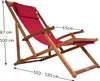 A red deck chair with wooden frame, shown with dimensions indicated by measurement lines and text. Náhľad obrázku produktu