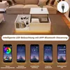 A modern living room scene featuring a white LED coffee table with storage and app-controlled lighting, showcasing its features through smartphone app interfaces. Náhľad obrázku produktu