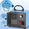 A close-up of a blue ozone generator with informational graphics on the left. Voir les images du produit