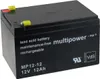 A black lead-acid battery with yellow terminal covers and red positive terminal cover, shown at an angle on a white background. Voir les images du produit