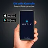 A hand holding a smartphone displaying an app with the OKTIV logo and 'SmartRadio' text. App store download buttons are visible on the left. Produktbild-Vorschau