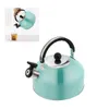 A teal kettle is shown from the side on a white background, with a smaller inset image showing water being poured from it into a teacup. Podgląd zdjęcia produktu