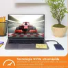 A laptop connected to an external SSD, with a racing car image on the laptop screen and a small plant in a pot. Produktbild-Vorschau