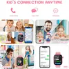 Collage of images showing a pink smartwatch for kids and its features like voice calling, voice chat, video calls, and SMS messages. Produktbild-Vorschau