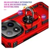 A red phone case with a rotating ring stand is shown with marketing text and graphics. Produktbild-Vorschau