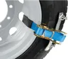 A close-up view of a snow chain being attached to a truck tire. Produktbild-Vorschau