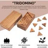 A wooden box containing triangular domino pieces, with some pieces scattered around. Podgląd zdjęcia produktu