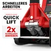 A close-up marketing image of a red hydraulic car jack, highlighting its dual cylinder "Quick Lift" feature with German text. Produktbild-Vorschau