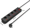 A black power strip with four outlets, each with an individual red switch, is shown diagonally against a white background. Dimensions are indicated by measurement lines and text. Produktbild-Vorschau