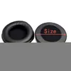 Two black headphone ear pads are shown on a white background. One ear pad is shown from the side, and the other is shown from the top with a red line and the word "Size" indicating a measurement. Podgląd zdjęcia produktu