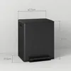 A black trash can with dimensions indicated by lines and text. Voir les images du produit