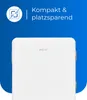 A white mini refrigerator with the brand name 'exquisit' visible on the front, set against a blue background with text and an icon. Produktbild-Vorschau