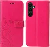 A pink flip cover phone case with a floral and butterfly design is shown, with the case open and closed. Produktbild-Vorschau