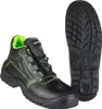 A pair of black safety boots with green stitching and lining, shown from a side angle, with the sole of one boot shown separately. Produktbild-Vorschau