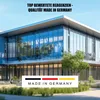 A modern building with large glass windows, with text overlays and a "Made in Germany" logo. Produktbild-Vorschau