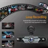 A marketing image for a dashcam, showing the product and highlighting its 'Loop Recording' feature with text and example video frames. Produktbild-Vorschau