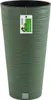 A tall, green, textured plant pot with a black interior, shown against a white background. A product tag is attached to the front. Voir les images du produit