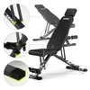 A black adjustable weight bench with close-up insets highlighting its features. Produktbild-Vorschau