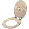 An open toilet seat and lid with a wood grain pattern and the word "HOME" spelled out in white letters on the lid. Produktbild-Vorschau