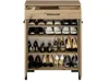 A shoe cabinet with multiple shelves filled with shoes and heels. Náhled obrázku produktu