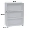 A white, three-shelf bookcase with dimensions indicated by measurement lines and text. Produktbild-Vorschau