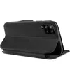 A black flip case for a smartphone is shown from a side angle, with the front cover folded back. Produktbild-Vorschau