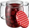 Three glass jars, one filled with cherries, and a red lid with white hearts. Anteprima dell’immagine prodotto