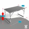 A gray folding table with dimensions indicated by arrows and text overlays. Produktbild-Vorschau