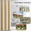 A collage of images showing suitable places for outdoor curtains, with a large image of a beige outdoor curtain on the left. Náhled obrázku produktu