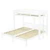 A white wooden bunk bed with two lower beds and one upper bed, shown from a diagonal angle against a white background. Náhled obrázku produktu