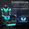A gaming chair is shown with text overlays describing its ergonomic features and a close-up of a lumbar massage cushion. Produktbild-Vorschau