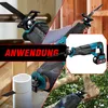 Collage showing a reciprocating saw in various applications, including cutting pipes, wood, and branches, with a close-up of the tool and text indicating 'ANWENDUNG' (application). Produktbild-Vorschau