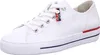 A white leather sneaker with red and blue accents. Produktbild-Vorschau
