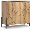 A wooden cabinet with a geometric design and black metal legs. Voir les images du produit