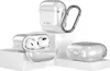Three transparent cases for AirPods are displayed on white pedestals against a white background. One case is open, showing two AirPods inside. Another case is closed and has a carabiner attached. The third case is closed and lying on its side. Produktbild-Vorschau