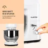 A split image showing a kitchen mixer on the left and a hand adjusting the speed dial of another kitchen mixer on the right, with text overlays highlighting product features. Produktbild-Vorschau