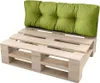 A pallet sofa cushion set on a wooden pallet base.