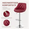 A red bar stool with a chrome base is shown, with close-up images and text highlighting its features. Produktbild-Vorschau